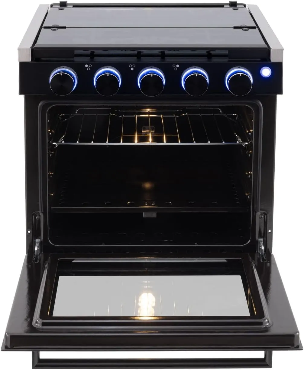 RecPro RV Stove Black Finish | Gas Range 21" Tall | 6500 and 8000 BTU Three Burner | 7100 BTU Oven with 1.8 Cu. Ft Capacity | Optional Vented Range Hood