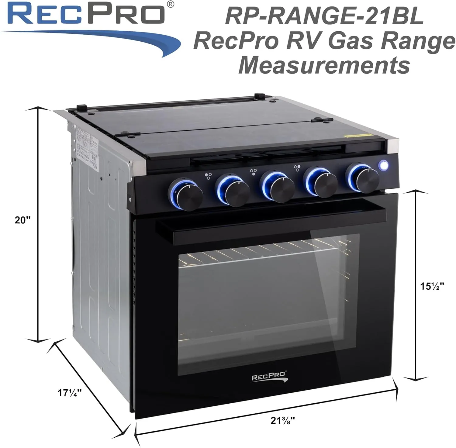 RecPro RV Stove Black Finish | Gas Range 21" Tall | 6500 and 8000 BTU Three Burner | 7100 BTU Oven with 1.8 Cu. Ft Capacity | Optional Vented Range Hood