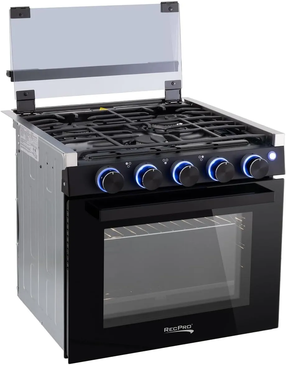 RecPro RV Stove Black Finish | Gas Range 21" Tall | 6500 and 8000 BTU Three Burner | 7100 BTU Oven with 1.8 Cu. Ft Capacity | Optional Vented Range Hood