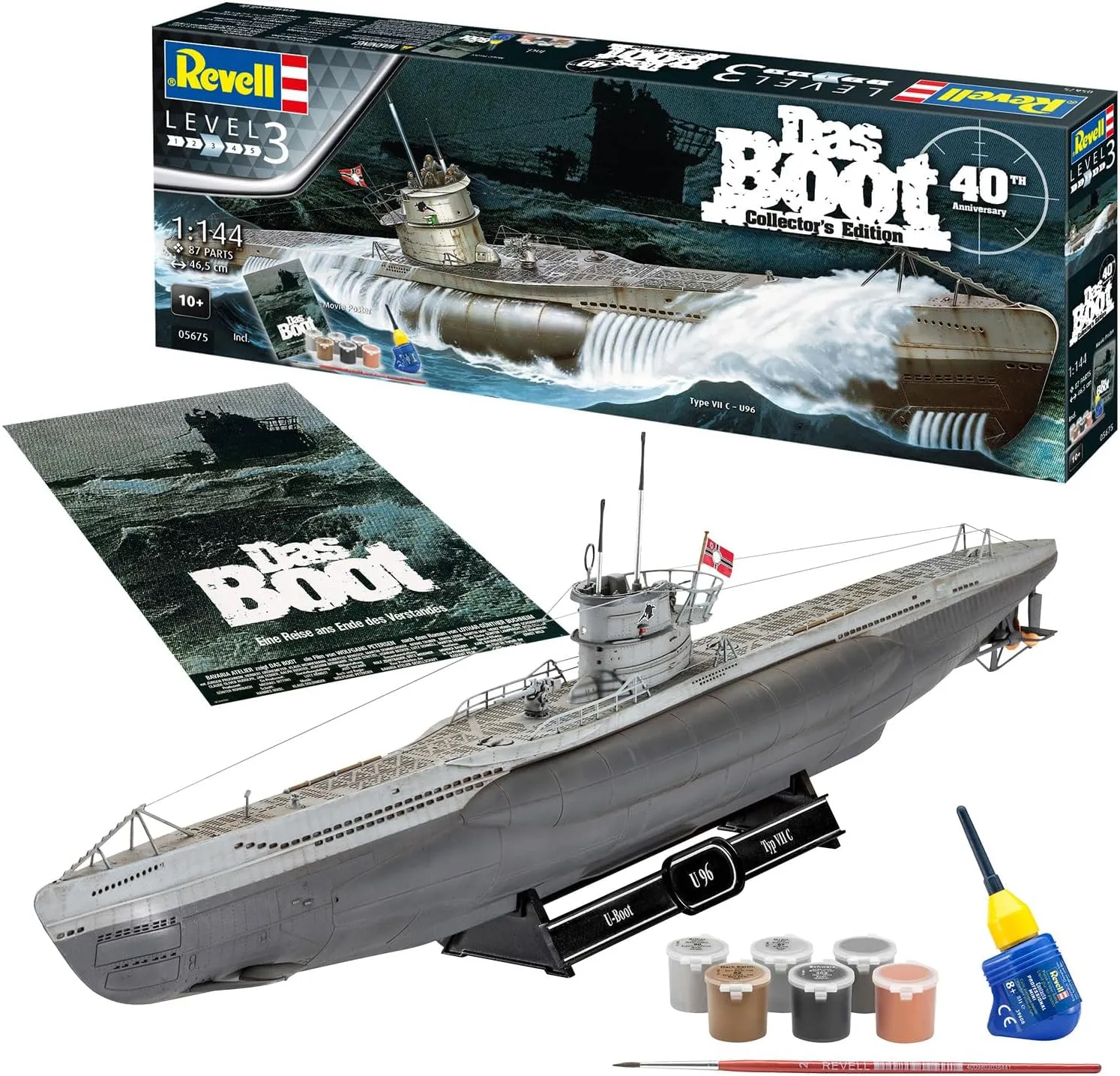 Revell Gift Set 05675 "Das Boot Movie 40 Years Collector's Edition 1:144 Scale Unbuilt Plastic Model Kit with Contacta Professional Glue, Paintbrush, Selected Aqua Color Paints & Repro Movie Poster