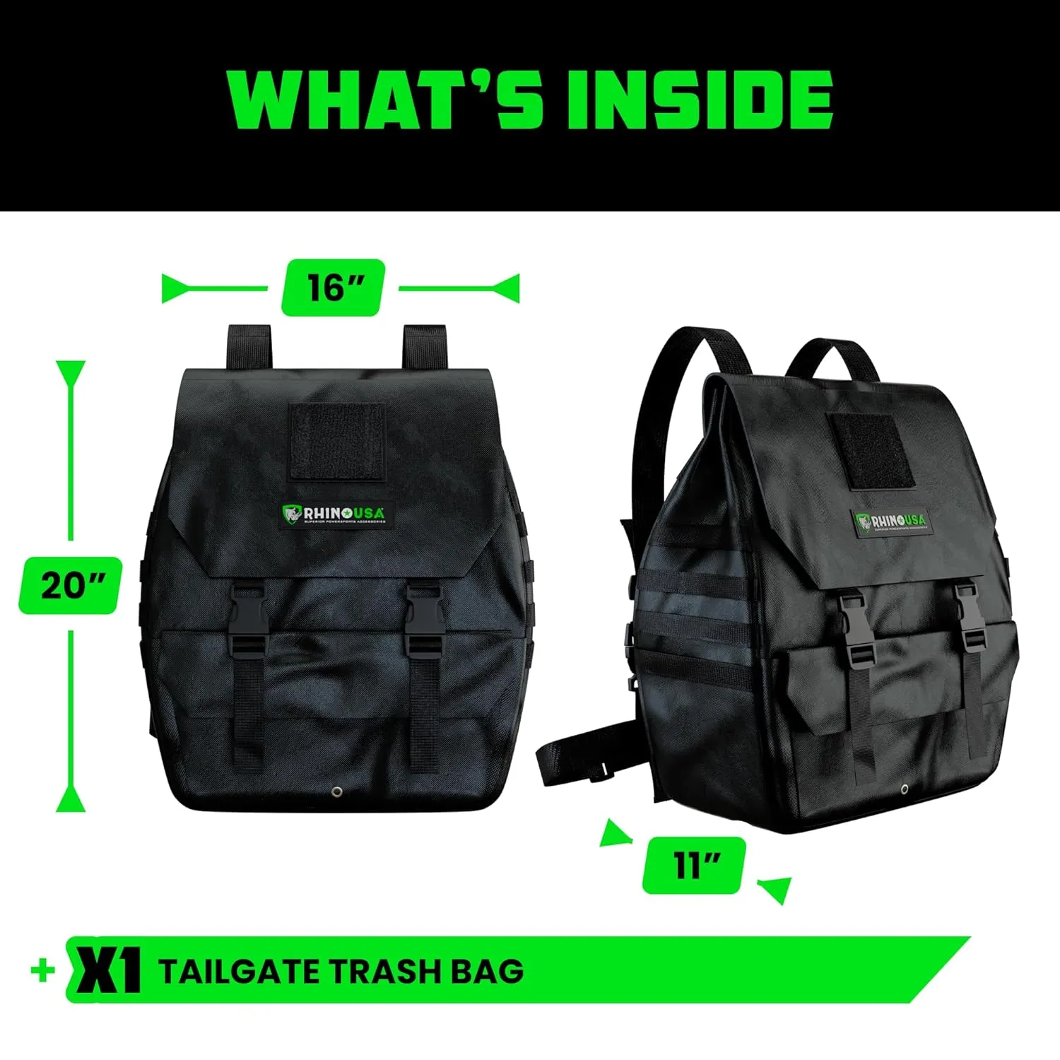 Rhino USA Tail Gate Trash Bag – Molle Compatible Overlanding Gear, Camping Essentials & Ultimate Accessory for Jeep Gladiator, Trucks & More - Black