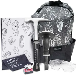 Rockhounding Tool Kit for Teens & Adults - Rock Collecting Equipment Essentials - Rock Pick Hammer & Chisel - 6 Piece Outdoor Geology Set - Mining Tools w/Small Rock Hounding Backpack, Gray