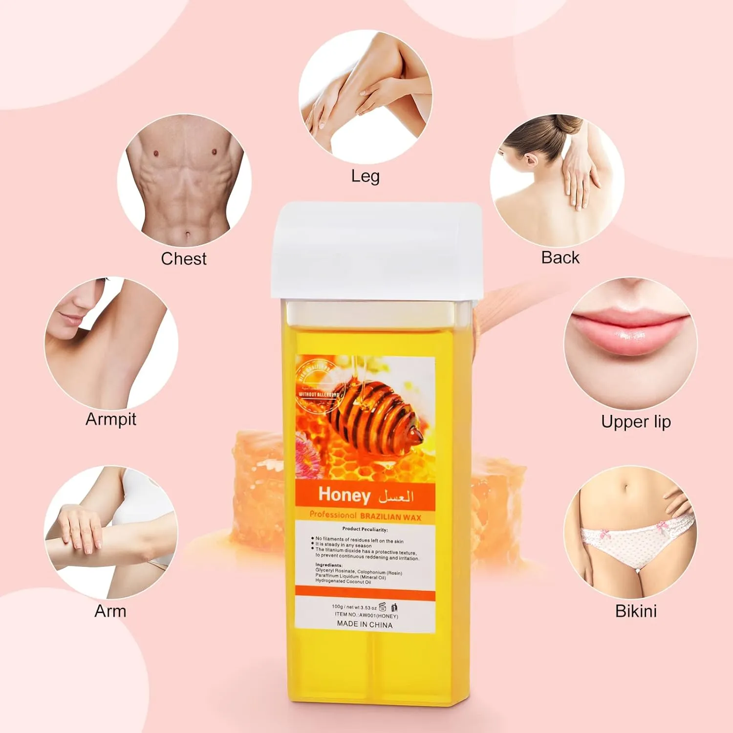 Roll On Wax, Honey Hair Removal Wax Cartridge, Depilatory Wax Roller Refill, 4 Pack - 100% Natural Material, Dermatologically Tested, Easy & Safe to Use, For Body Waxing, Leg and Arms