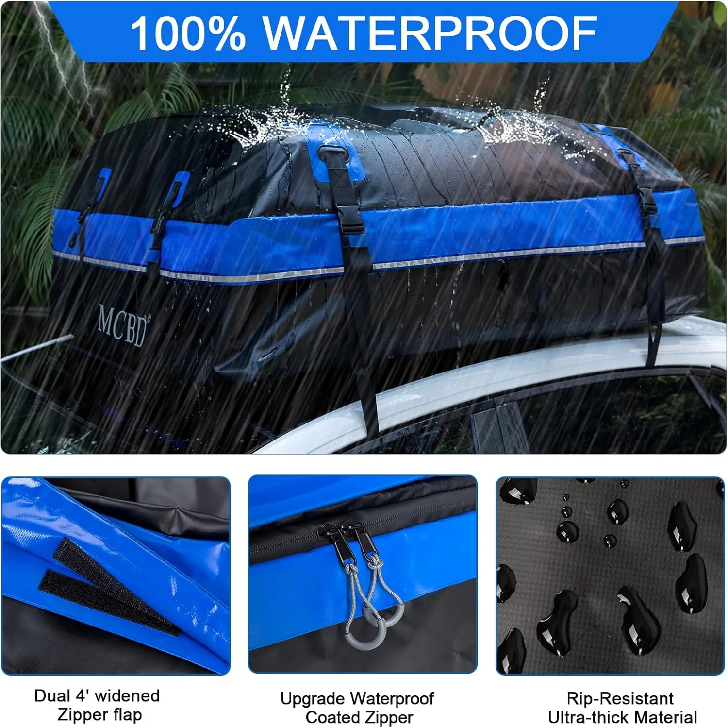 Rooftop Cargo Carrier Bag, 15 Cubic Feet Soft-Shell Waterproof Car Roof Luggage Bag for All Vehicles SUV with/Without Rails, Includes 10 Reinforced Straps   4 Door Hooks,Storage Bag,Anti-Slip Mat,Blue