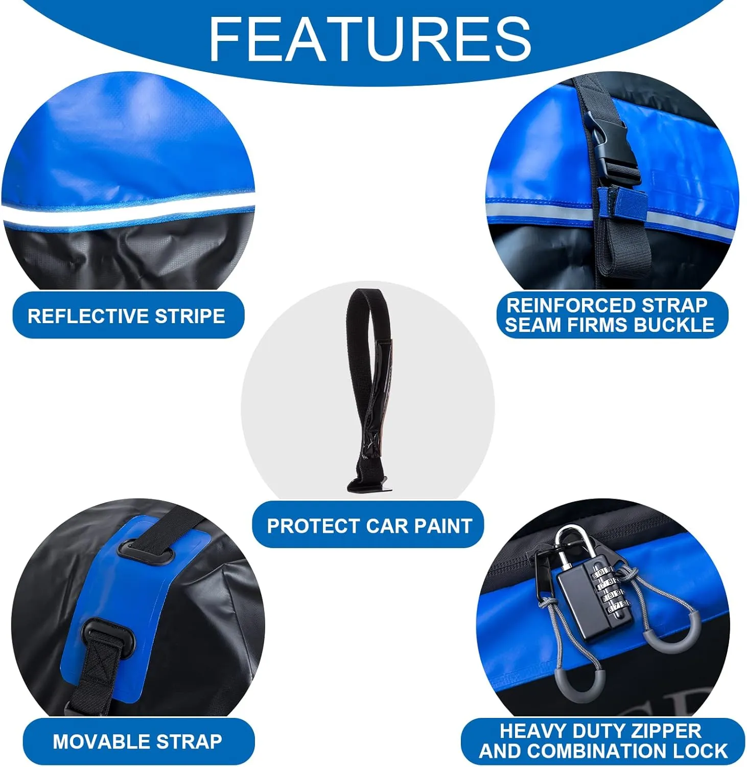 Rooftop Cargo Carrier Bag, 15 Cubic Feet Soft-Shell Waterproof Car Roof Luggage Bag for All Vehicles SUV with/Without Rails, Includes 10 Reinforced Straps   4 Door Hooks,Storage Bag,Anti-Slip Mat,Blue