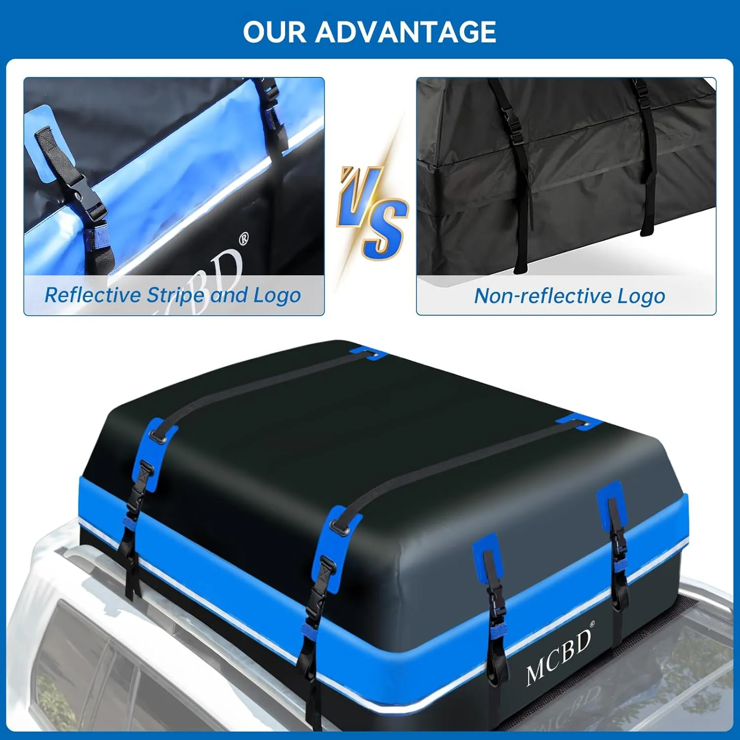 Rooftop Cargo Carrier Bag, 15 Cubic Feet Soft-Shell Waterproof Car Roof Luggage Bag for All Vehicles SUV with/Without Rails, Includes 10 Reinforced Straps   4 Door Hooks,Storage Bag,Anti-Slip Mat,Blue