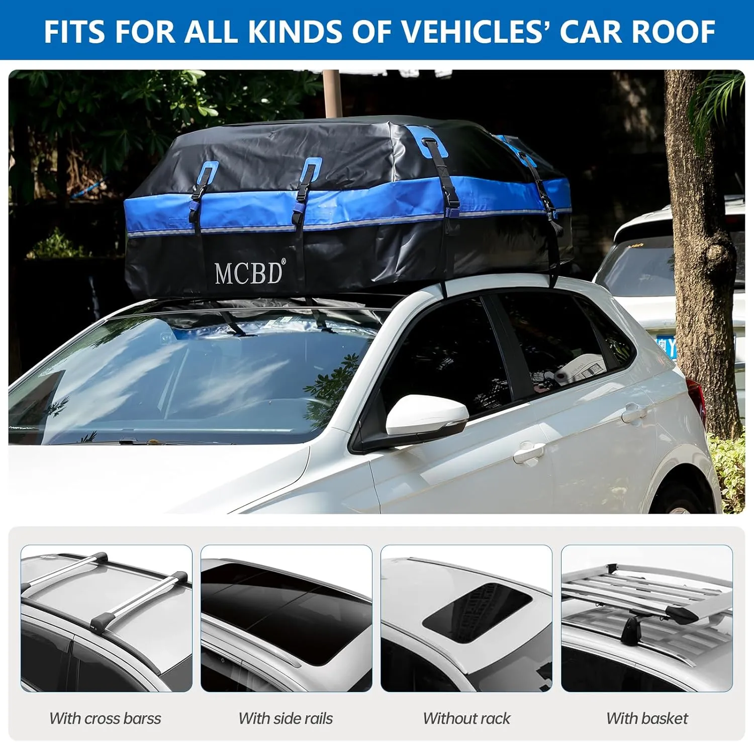 Rooftop Cargo Carrier Bag, 15 Cubic Feet Soft-Shell Waterproof Car Roof Luggage Bag for All Vehicles SUV with/Without Rails, Includes 10 Reinforced Straps   4 Door Hooks,Storage Bag,Anti-Slip Mat,Blue