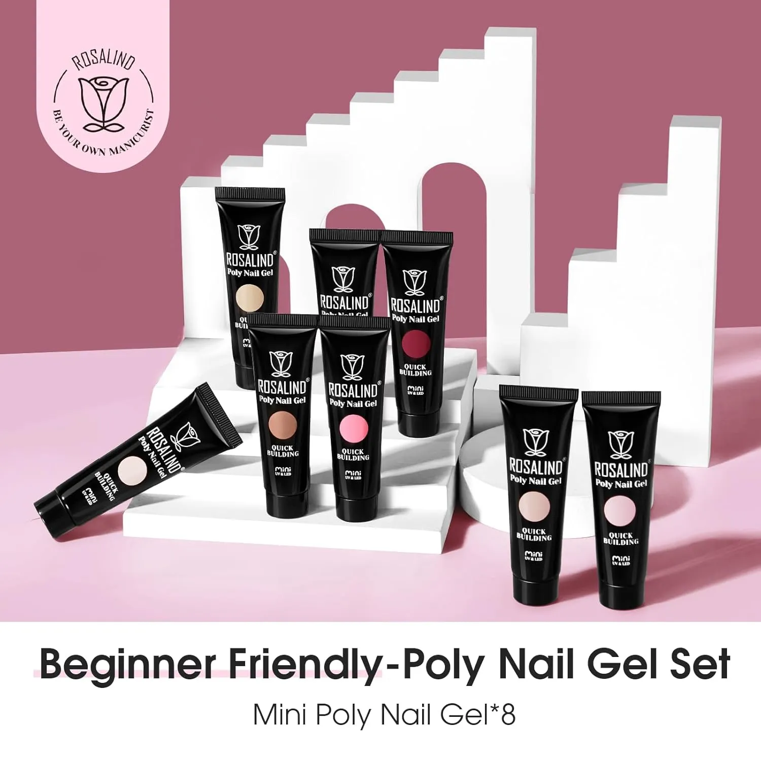 ROSALIND Poly Nail Gel Set, 8 Colors Mini Clear Neutral Poly Extension Gel Set, Nude Pink Builder Extension Kit for Nail Art Design Easy DIY Gift for Women