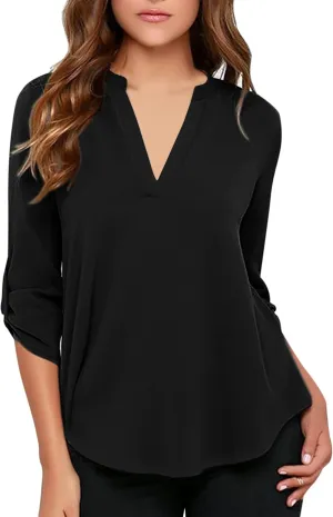 roswear Women's Business Casual V Neck Cuffed Sleeves Work Blouse Top