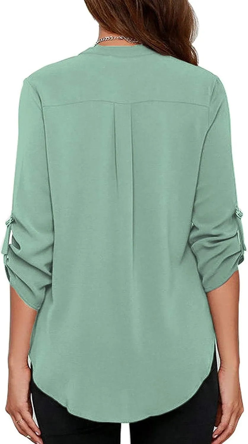 roswear Women's Business Casual V Neck Cuffed Sleeves Work Blouse Top
