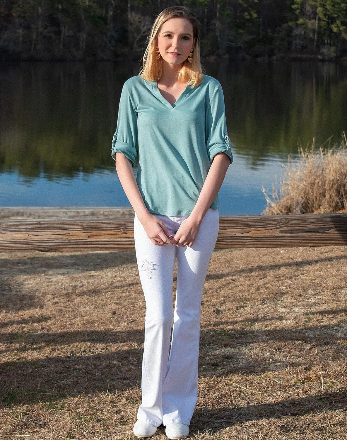 roswear Women's Business Casual V Neck Cuffed Sleeves Work Blouse Top