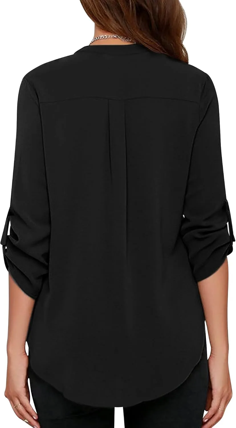 roswear Women's Business Casual V Neck Cuffed Sleeves Work Blouse Top