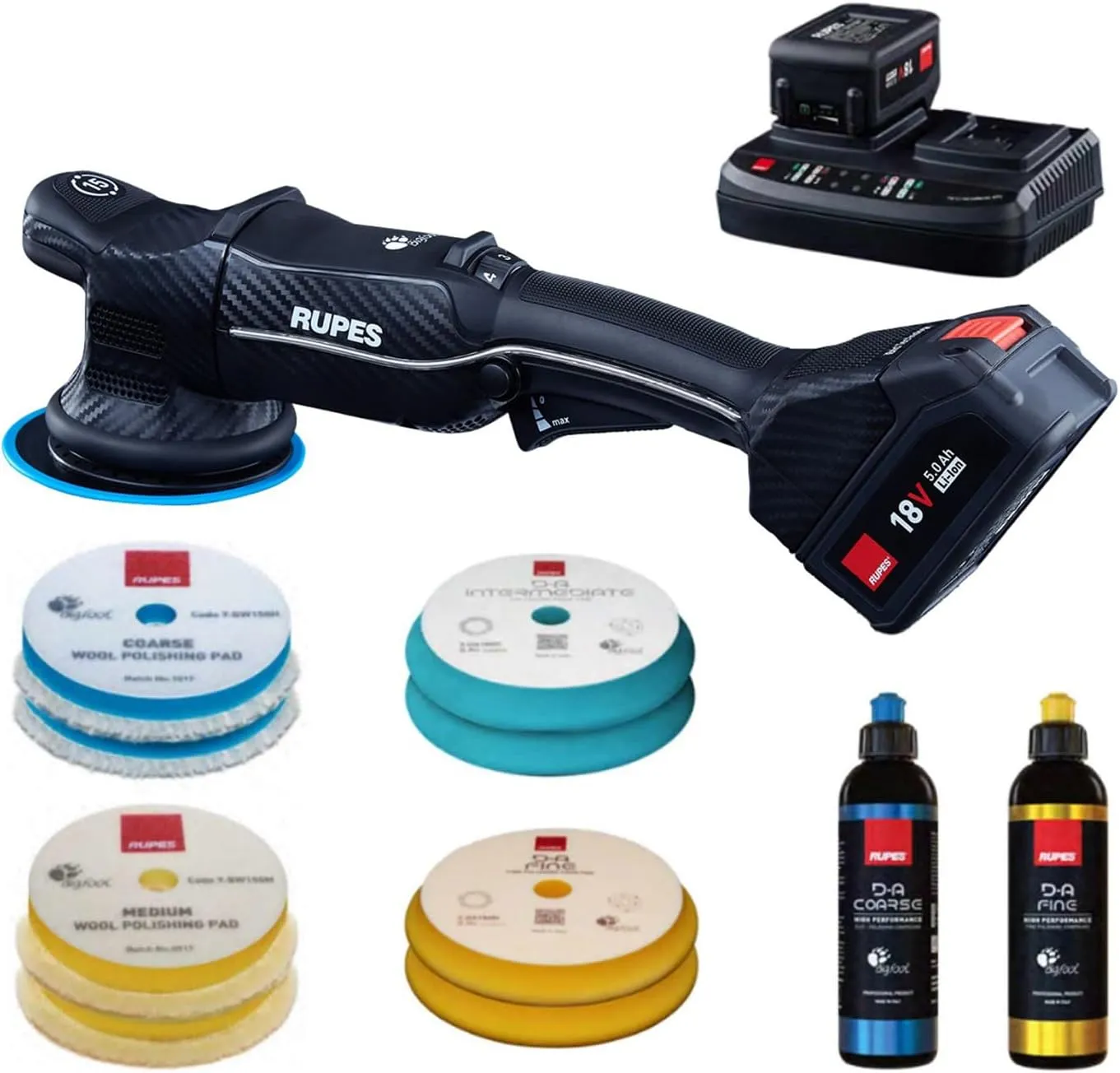 RUPES HLR15 BigFoot iBrid Random Orbital Polisher Basic Kit - Includes Dual Charger, 2 Batteries, D-A Series High Performance Polishing Pads & Compounds