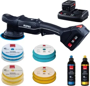 RUPES HLR15 BigFoot iBrid Random Orbital Polisher Basic Kit - Includes Dual Charger, 2 Batteries, D-A Series High Performance Polishing Pads & Compounds