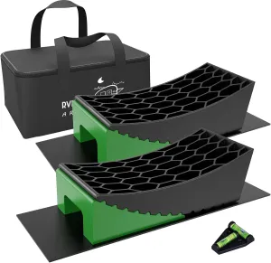 RVMATE Camper Levelers 8-Piece Kit RV Leveling Blocks Camper Wheel Chocks Including Two Curved Levelers, Two Chocks, and Two Rubber Grip Mats in Storage Carrying Bag