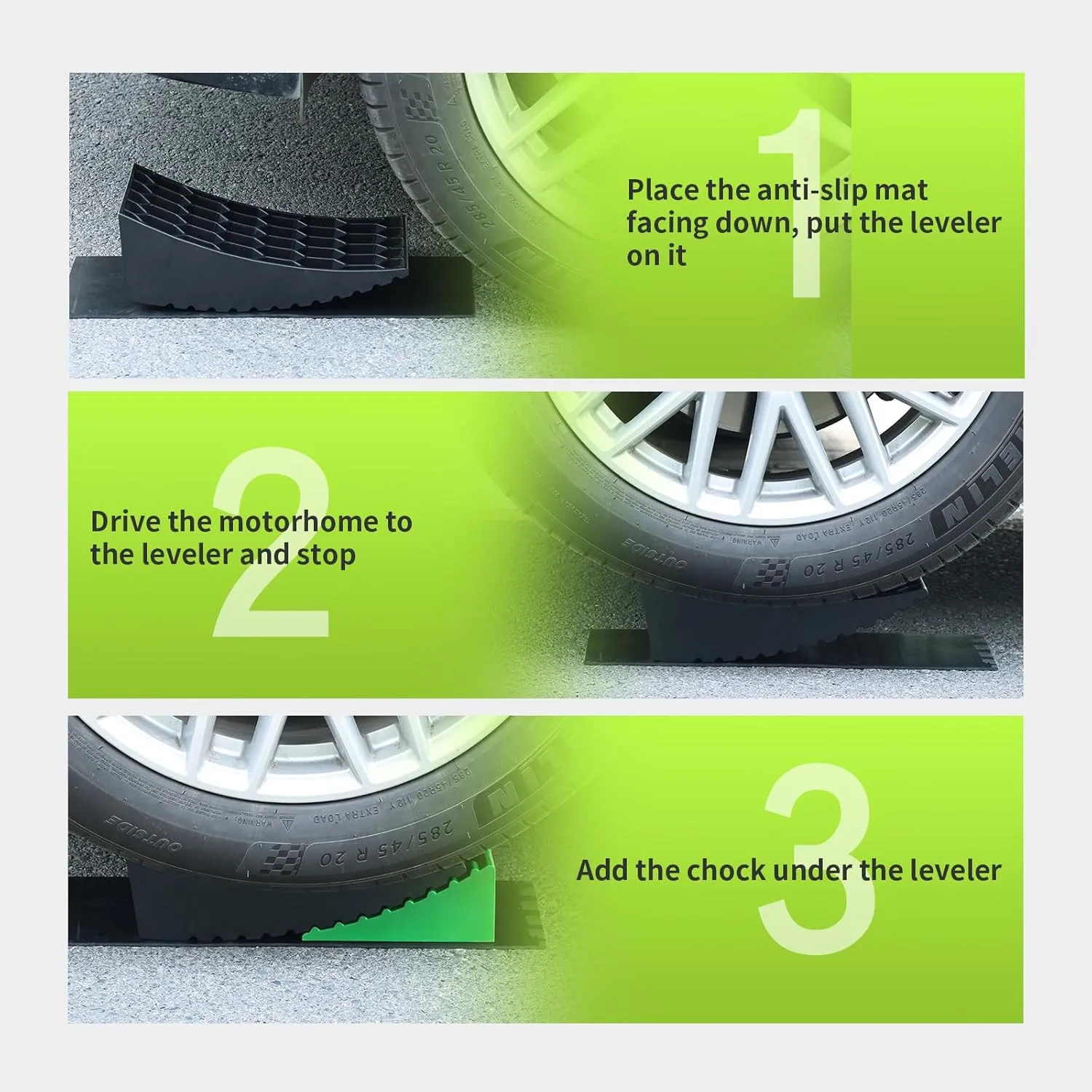 RVMATE Camper Levelers 8-Piece Kit RV Leveling Blocks Camper Wheel Chocks Including Two Curved Levelers, Two Chocks, and Two Rubber Grip Mats in Storage Carrying Bag