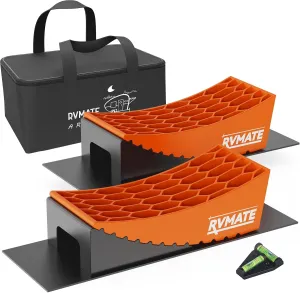 RVMATE Camper Levelers 8-Piece Kit RV Leveling Blocks Camper Wheel Chocks Including Two Curved Levelers, Two Chocks, One Level and Two Rubber Grip Mats in Storage Carrying Bag