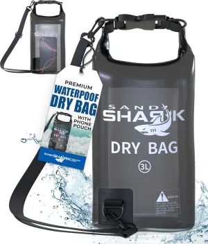 SandShark 3L Waterproof Dry Bag - Beach Bag with Clear Phone Case Pouch, Roll Top Sack for Boating, Rafting, Hiking, Camping, Fishing - Travel Essentials, Boat, Kayak Accessories (Black)