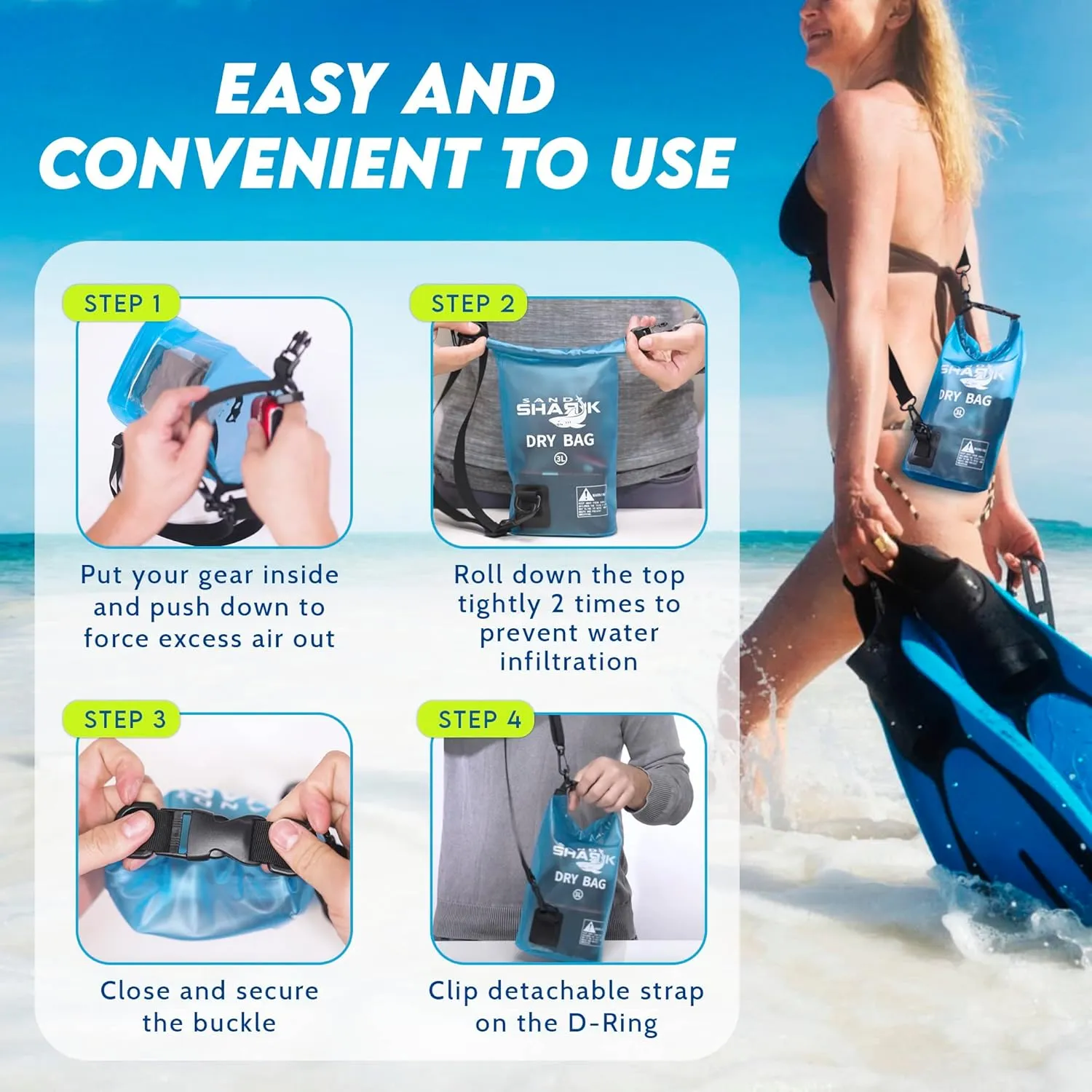 SandShark 3L Waterproof Dry Bag - Beach Bag with Clear Phone Case Pouch, Roll Top Sack for Boating, Rafting, Hiking, Camping, Fishing - Travel Essentials, Boat, Kayak Accessories (Black)