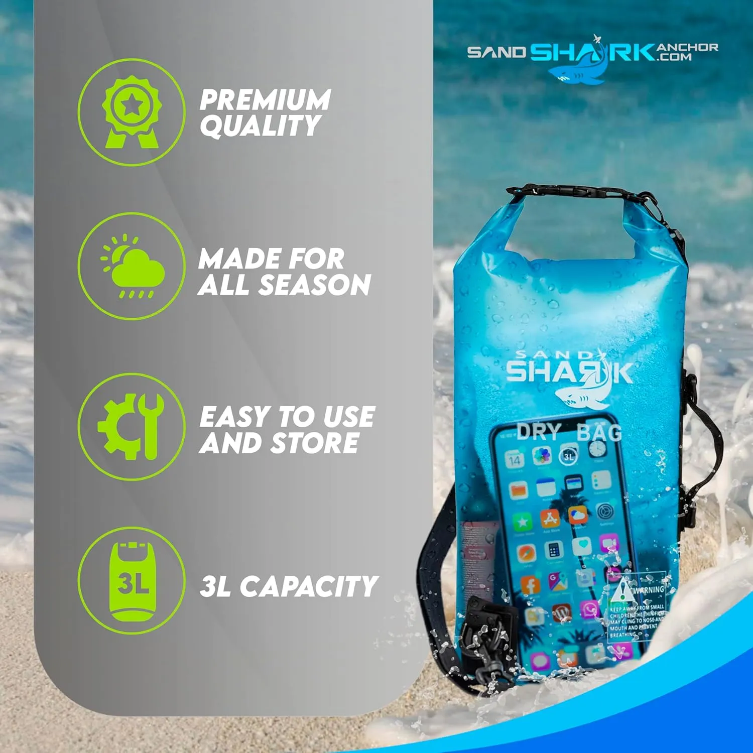 SandShark 3L Waterproof Dry Bag - Beach Bag with Clear Phone Case Pouch, Roll Top Sack for Boating, Rafting, Hiking, Camping, Fishing - Travel Essentials, Boat, Kayak Accessories (Black)