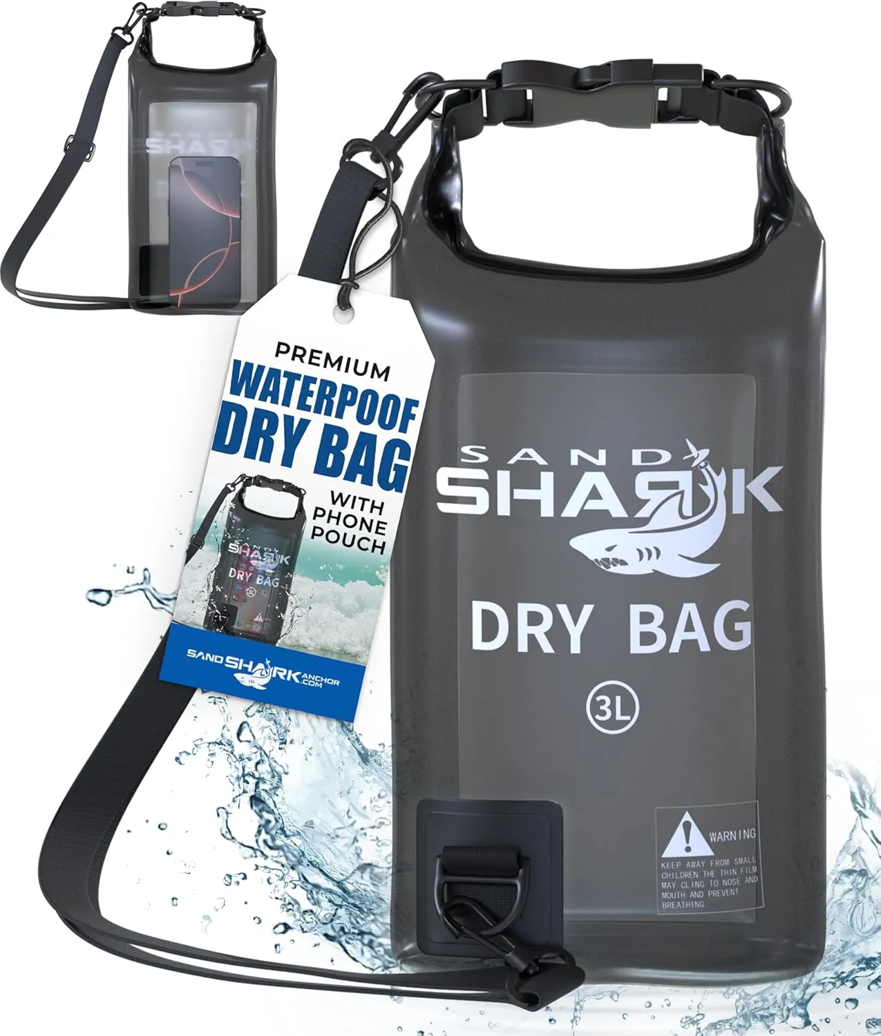 SandShark 3L Waterproof Dry Bag - Beach Bag with Clear Phone Case Pouch, Roll Top Sack for Boating, Rafting, Hiking, Camping, Fishing - Travel Essentials, Boat, Kayak Accessories (Black)