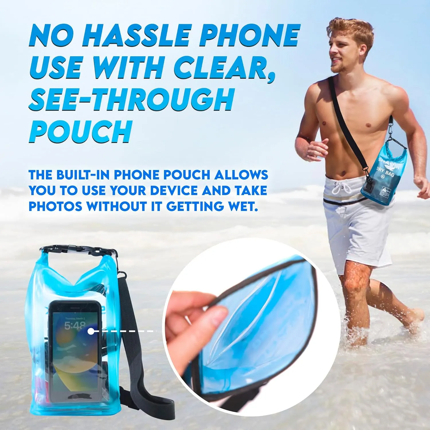 SandShark 3L Waterproof Dry Bag - Beach Bag with Clear Phone Case Pouch, Roll Top Sack for Boating, Rafting, Hiking, Camping, Fishing - Travel Essentials, Boat, Kayak Accessories (Black)