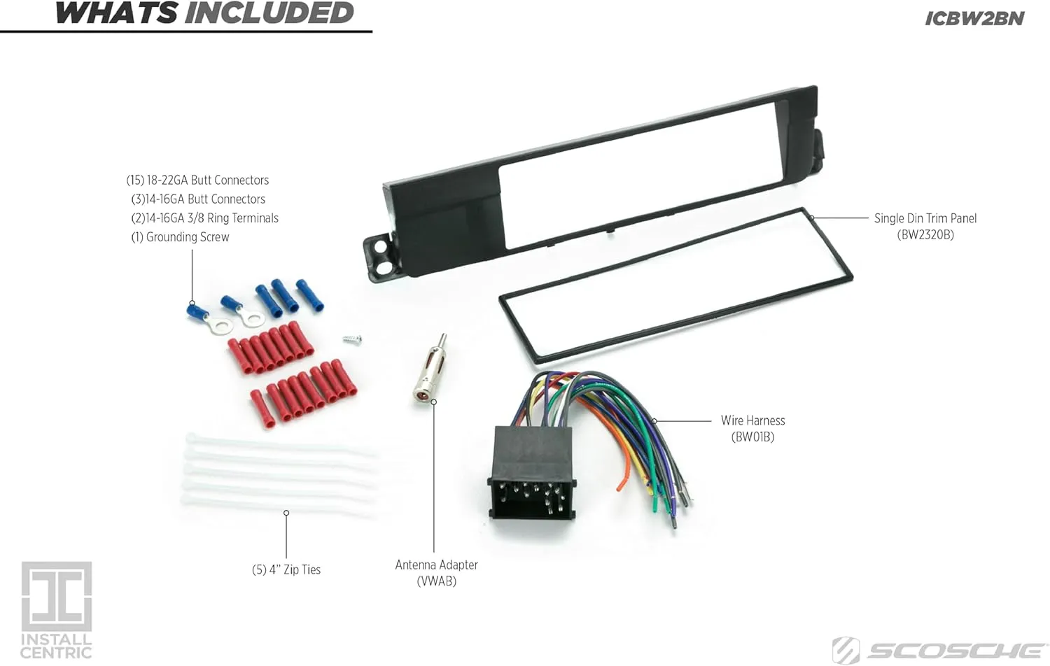 Scosche ICBW2BN Single DIN Radio Install Dash Kit and Harness Compatible with Select 1997-01 Non-Amplified BMW 3-Series Vehicles - Complete Basic Car Stereo Installation Kit - No SWC - Not Double DIN