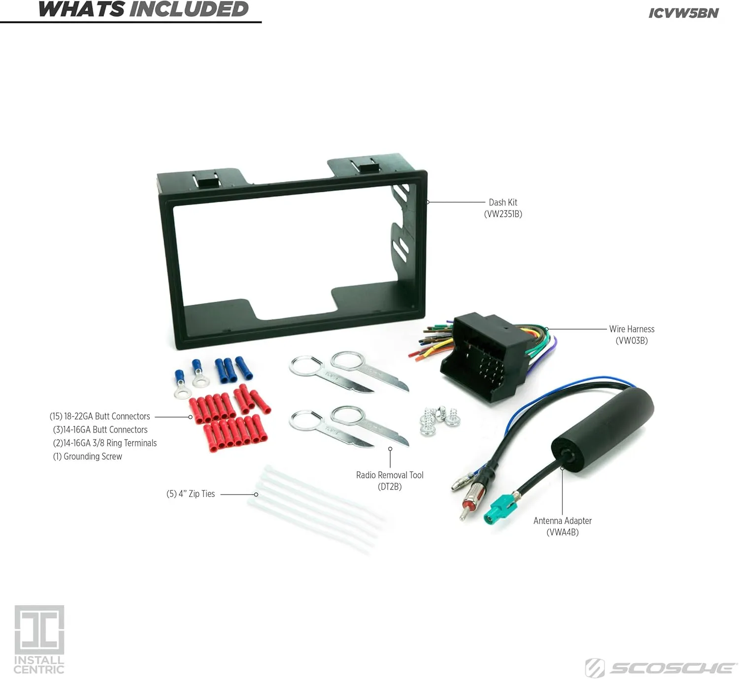 Scosche ICVW5BN Double DIN Radio Install Dash Kit and Harness Compatible with Select 2002-2005 Non-Amplified Volkswagen Vehicles - Complete Basic Car Stereo Installation Kit - Does Not Retain SWC