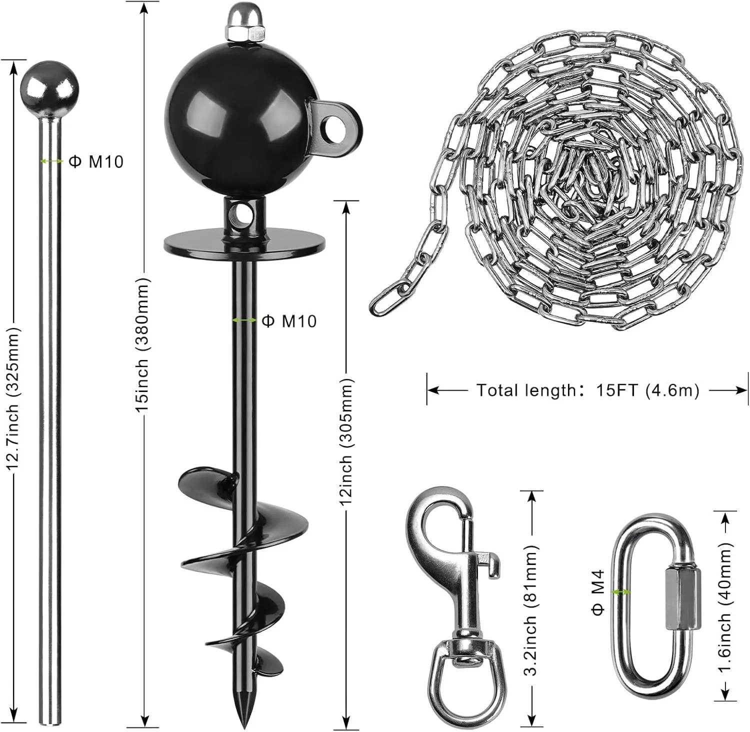 SELEWARE Dog Tie Out Stake Outdoor Anti-Rust Dog Anchor with Stainless Steel Dog Chains for Large Dogs up to 100 lbs, Free Rotation Dog Stake Dog Camping Gear 15 ft Long