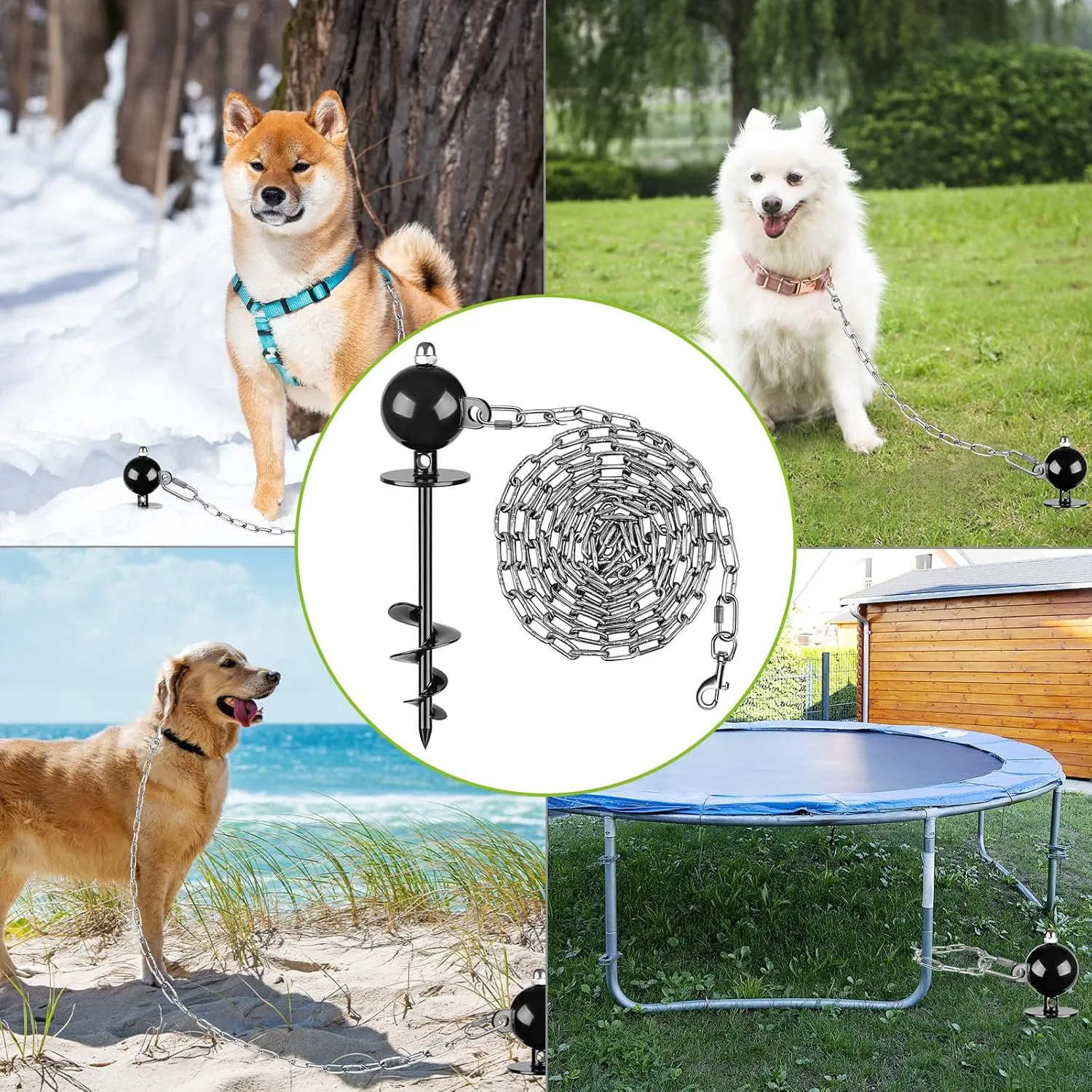 SELEWARE Dog Tie Out Stake Outdoor Anti-Rust Dog Anchor with Stainless Steel Dog Chains for Large Dogs up to 100 lbs, Free Rotation Dog Stake Dog Camping Gear 15 ft Long