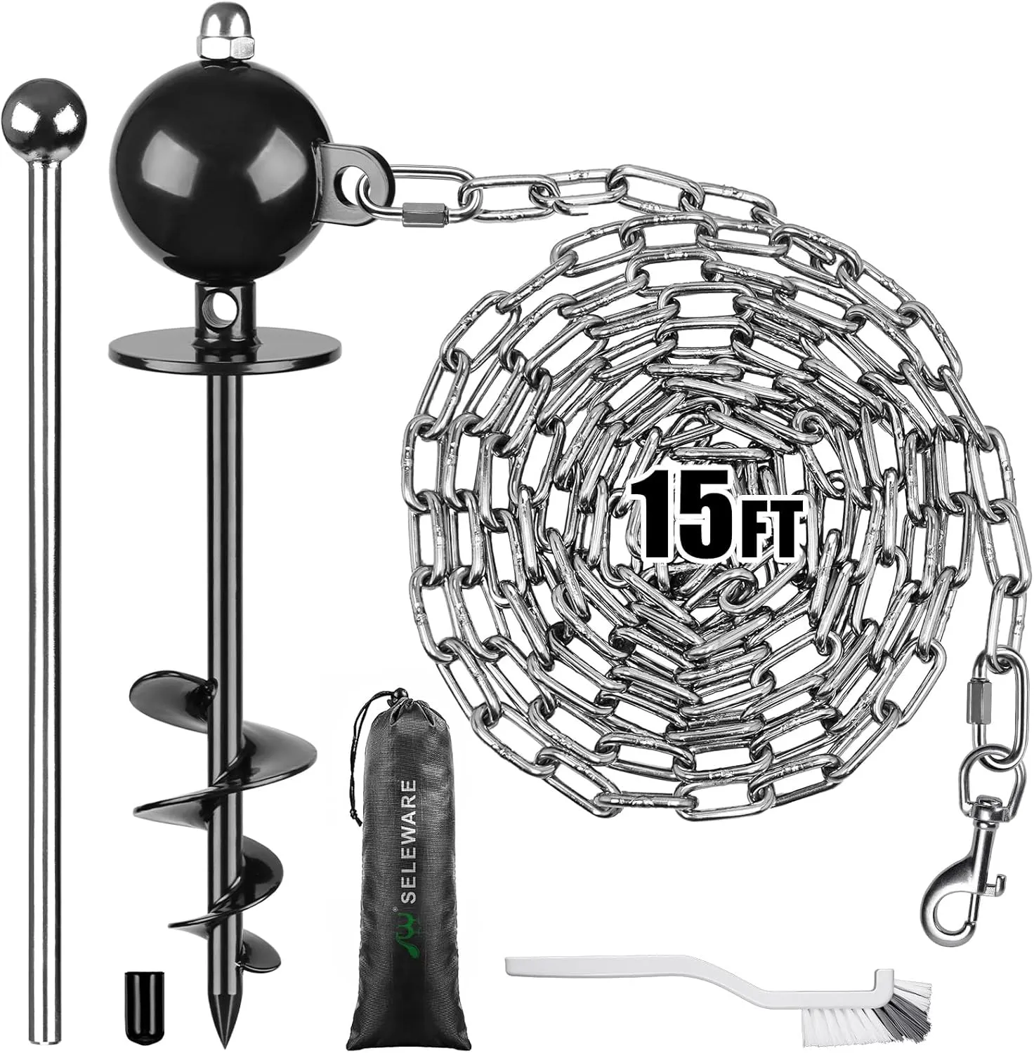 SELEWARE Dog Tie Out Stake Outdoor Anti-Rust Dog Anchor with Stainless Steel Dog Chains for Large Dogs up to 100 lbs, Free Rotation Dog Stake Dog Camping Gear 15 ft Long