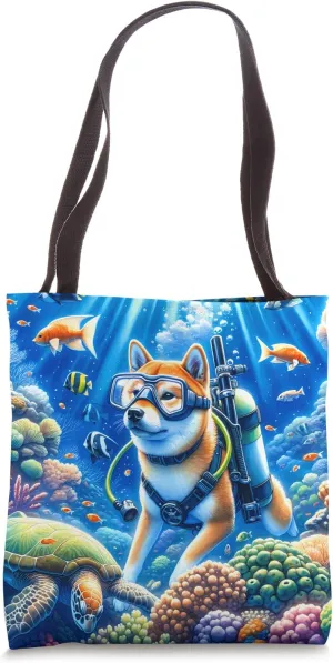 Shiba Inu Explores Coral Formations. Diving Gear Fish Marine Tote Bag