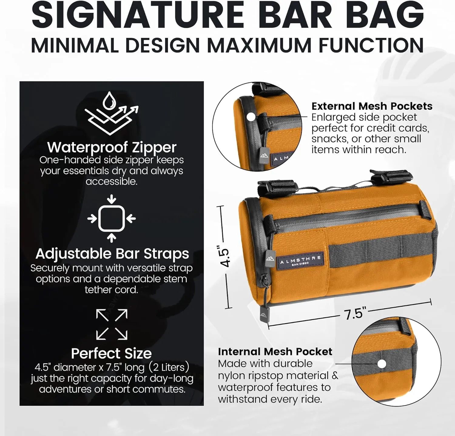 Signature Bar Bag – California Gold | Hard-Shell Bike Handlebar Bag with Waterproof Zippers & Adjustable Straps | Lightweight Bicycle Handlebar Bag, Compatible with Road, Gravel & MTB Bikes