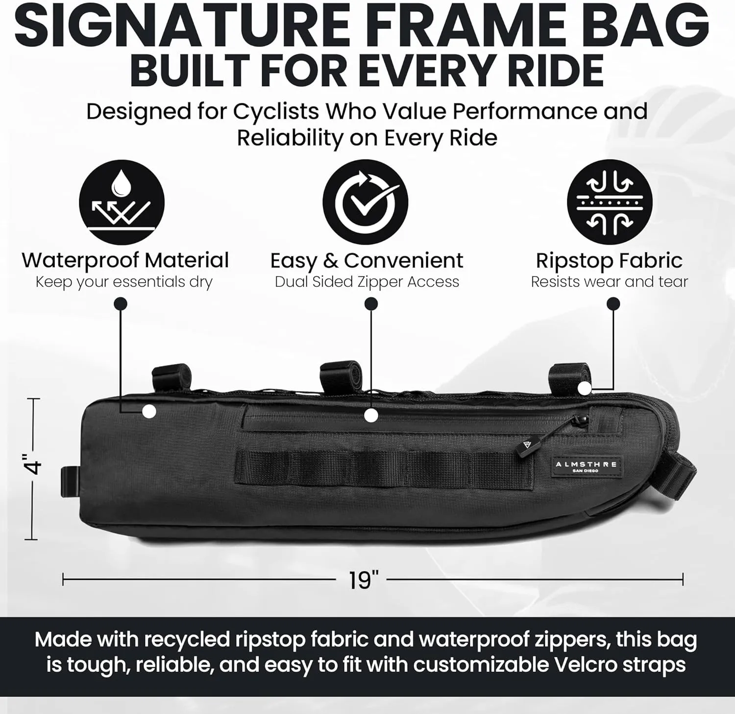 Signature Bike Frame Bag - Midnight Black, Large/XL Sizing | Durable Recycled Ripstop Material, Waterproof Zippers & Customizable Design for Essentials