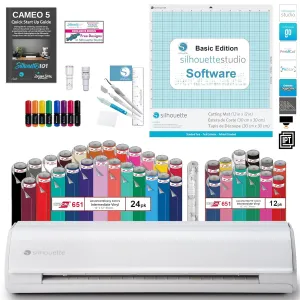 Silhouette Cameo 5 Vinyl Bundle- 36 Sheets of Vinyl, Vinyl Tool Kit, Premium Blade, Pens, and Cameo 5 Start Up Guide with Extra Designs (White)