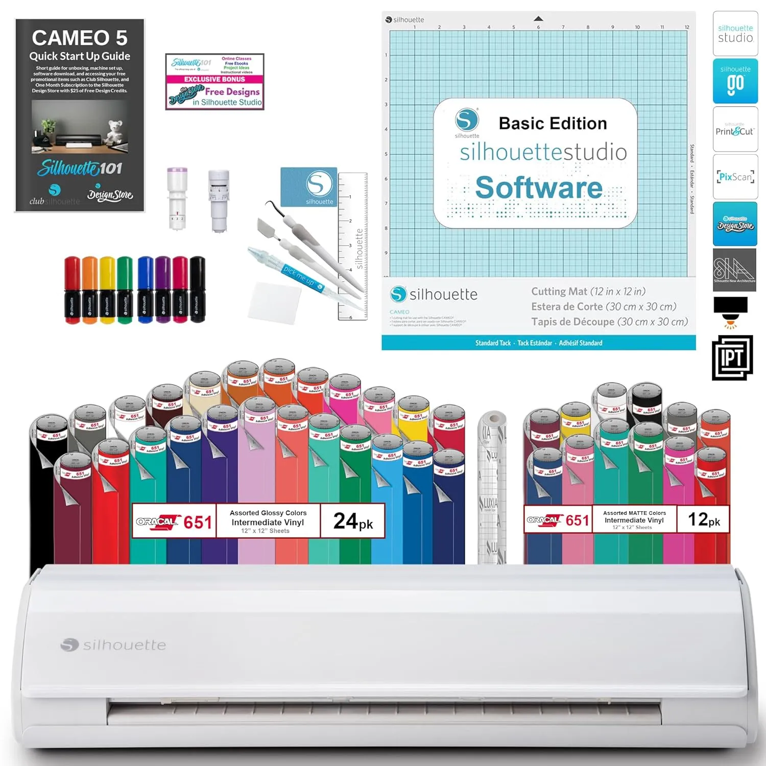 Silhouette Cameo 5 Vinyl Bundle- 36 Sheets of Vinyl, Vinyl Tool Kit, Premium Blade, Pens, and Cameo 5 Start Up Guide with Extra Designs (White)
