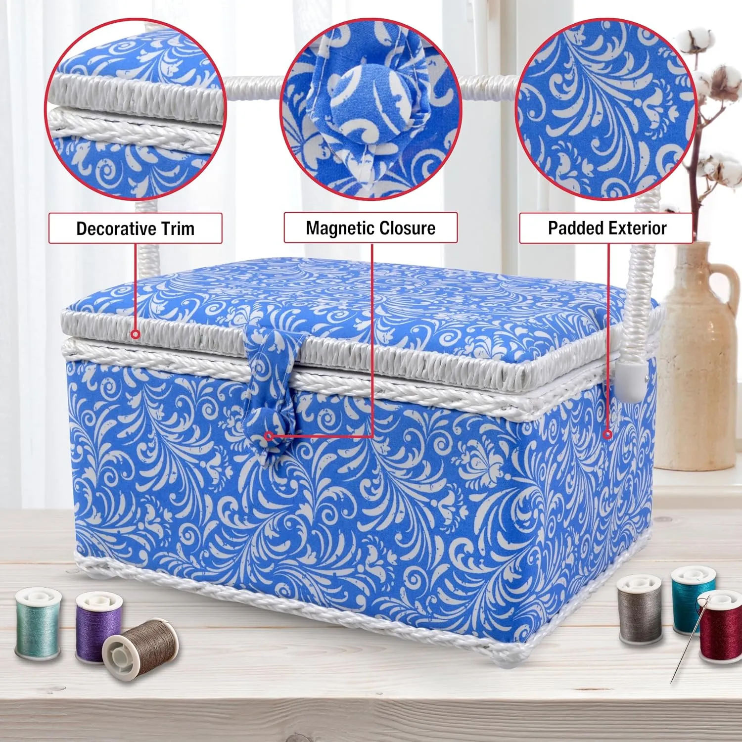 SINGER 07228 Sewing Basket with Sewing Kit, Needles, Thread, Pins, Scissors, and Notions, Deliah Scroll,