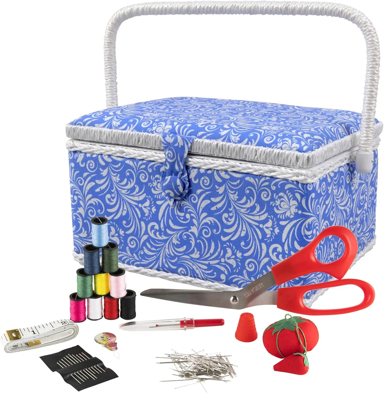 SINGER 07228 Sewing Basket with Sewing Kit, Needles, Thread, Pins, Scissors, and Notions, Deliah Scroll,