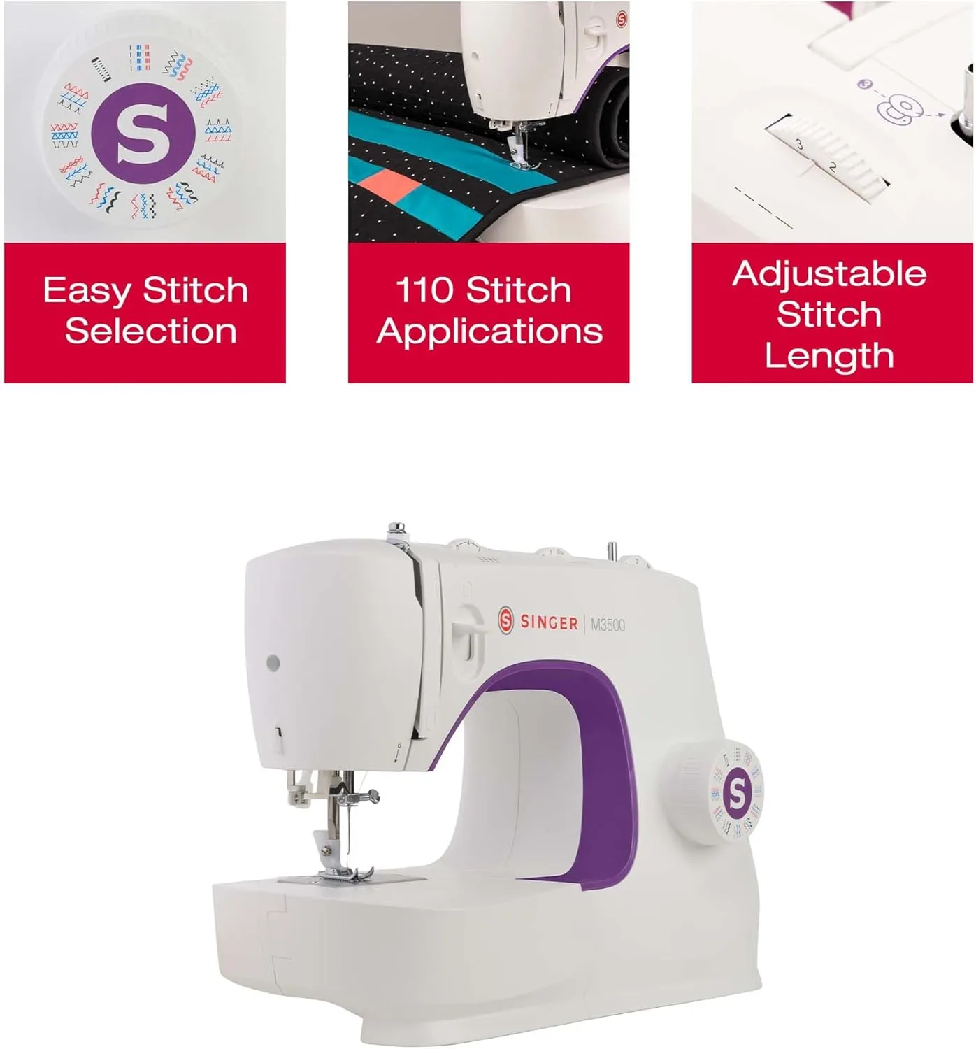 SINGER M3500 Lightweight & Portable Sewing Machine with Accessory Kit | 110 Stitch Applications, LED Light & 1-step Buttonhole | Great for Quilting, Crafts & Mending
