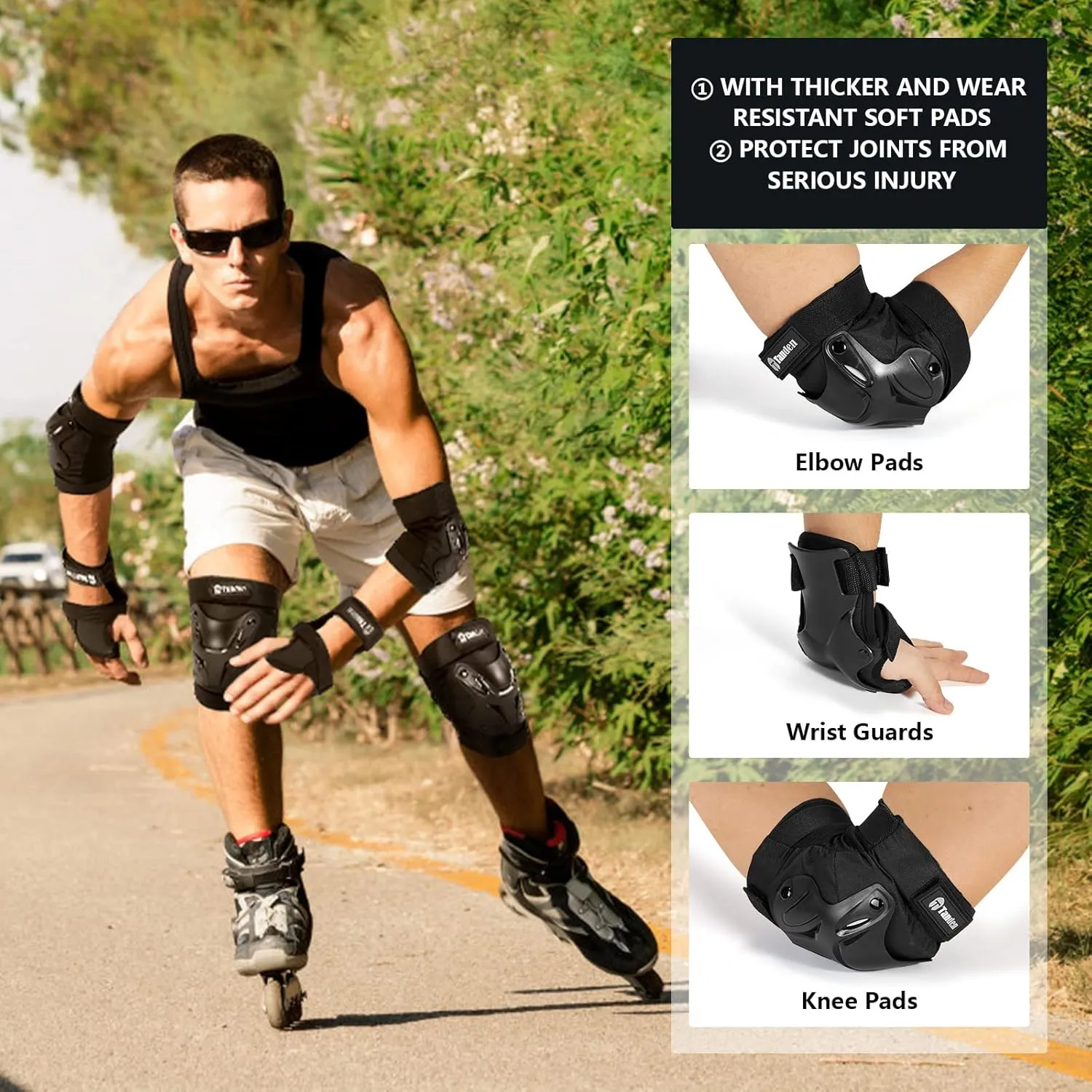 Skating Protective Gear Adult Knee and Elbow Pads Wrist Guards for Roller Skating Skateboarding, Skate Pads Adult Knee Pads for Men Women Black