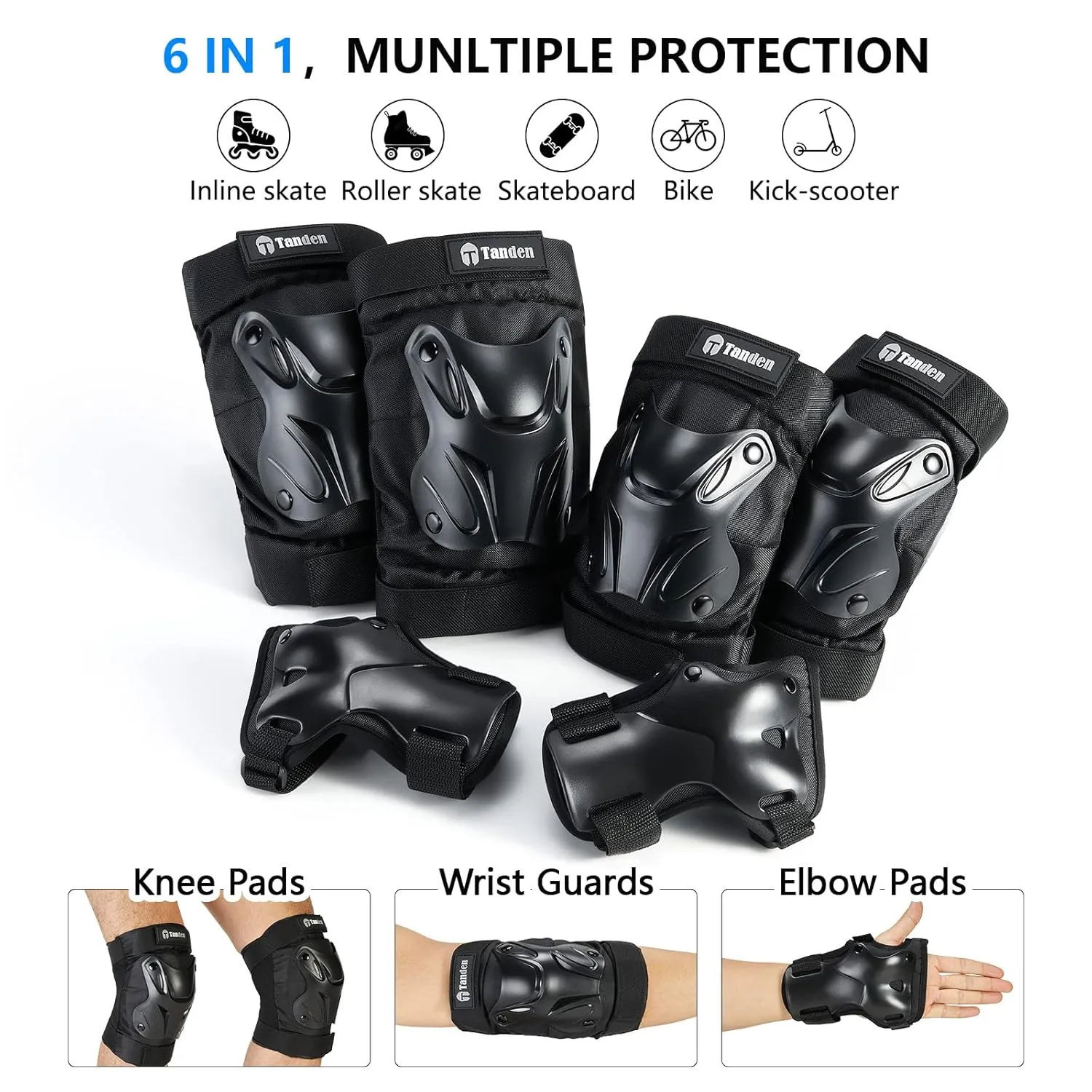 Skating Protective Gear Adult Knee and Elbow Pads Wrist Guards for Roller Skating Skateboarding, Skate Pads Adult Knee Pads for Men Women Black