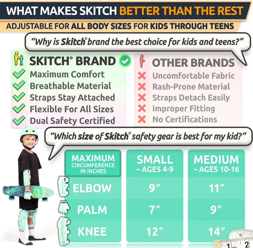 SKITCH Skateboard Protective Safety Gear Set for Kids and Teens | Premium Lycra Sport Knee Pads   Elbow Pads   Wrist Guards   Carry Bag | Scooter Roller Skate Inline Skating Rollerblading