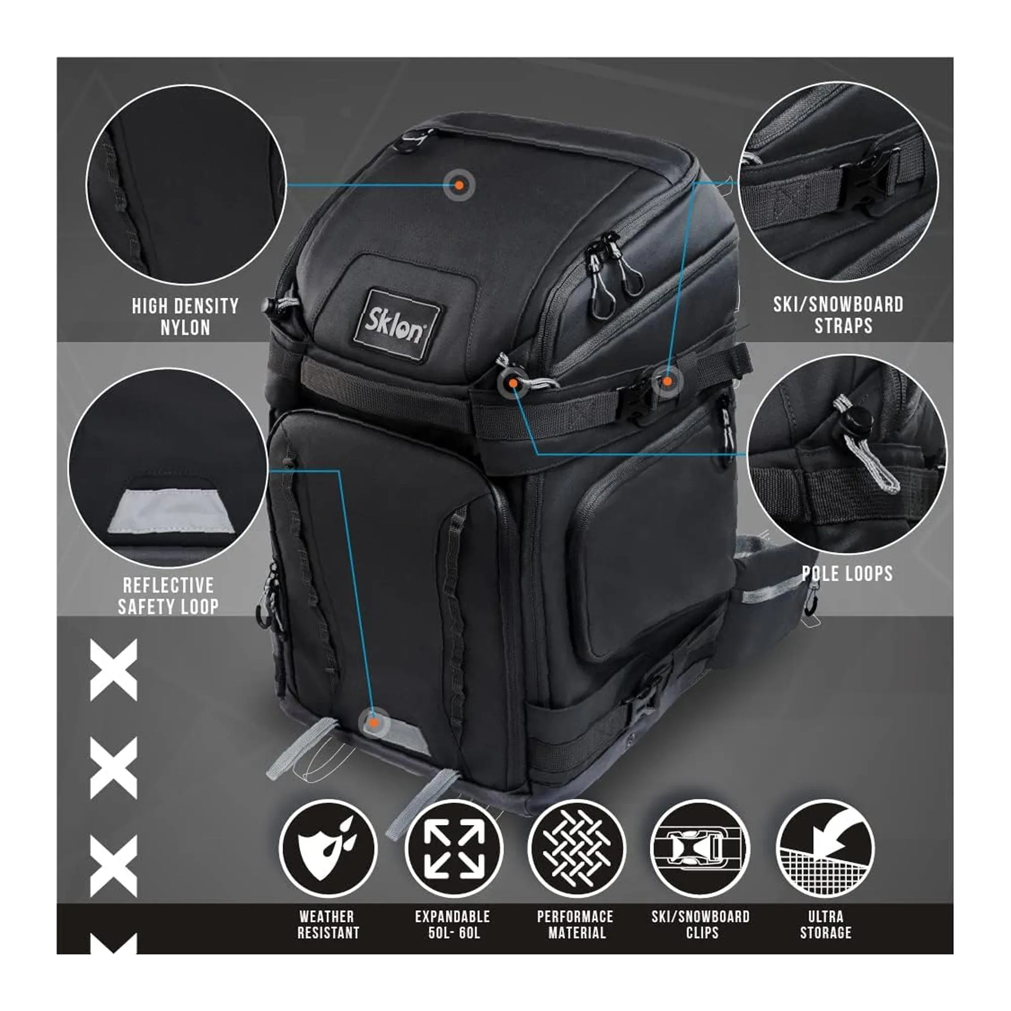 SKLON Ski Backpack Waterproof Travel Bag for Winter Sports Gear 55-65L - 865126