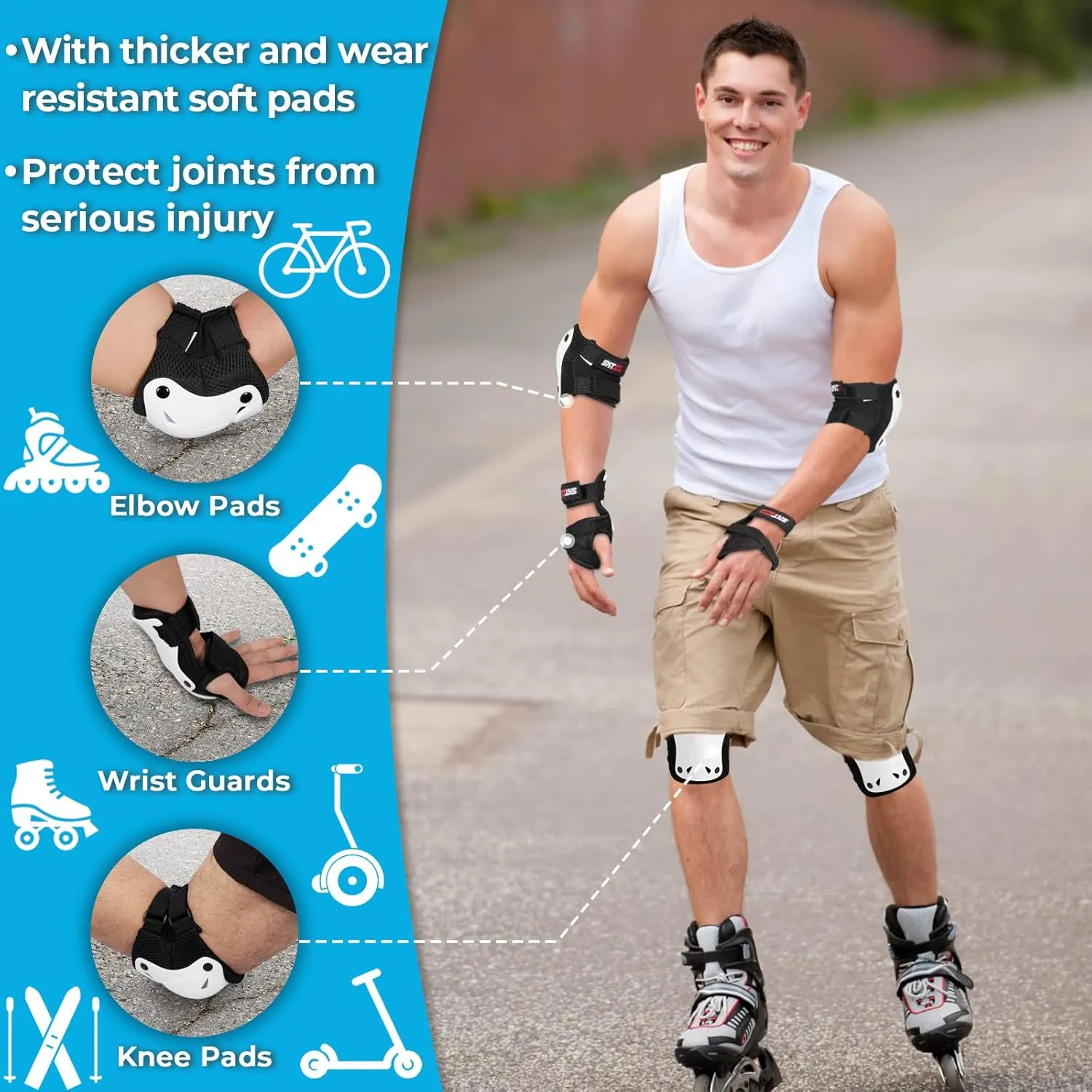 SKT HP Protective Gear for Adults, Knee Pads Elbow Pads Wrist Guards for Inline Skating Biking Skateboarding