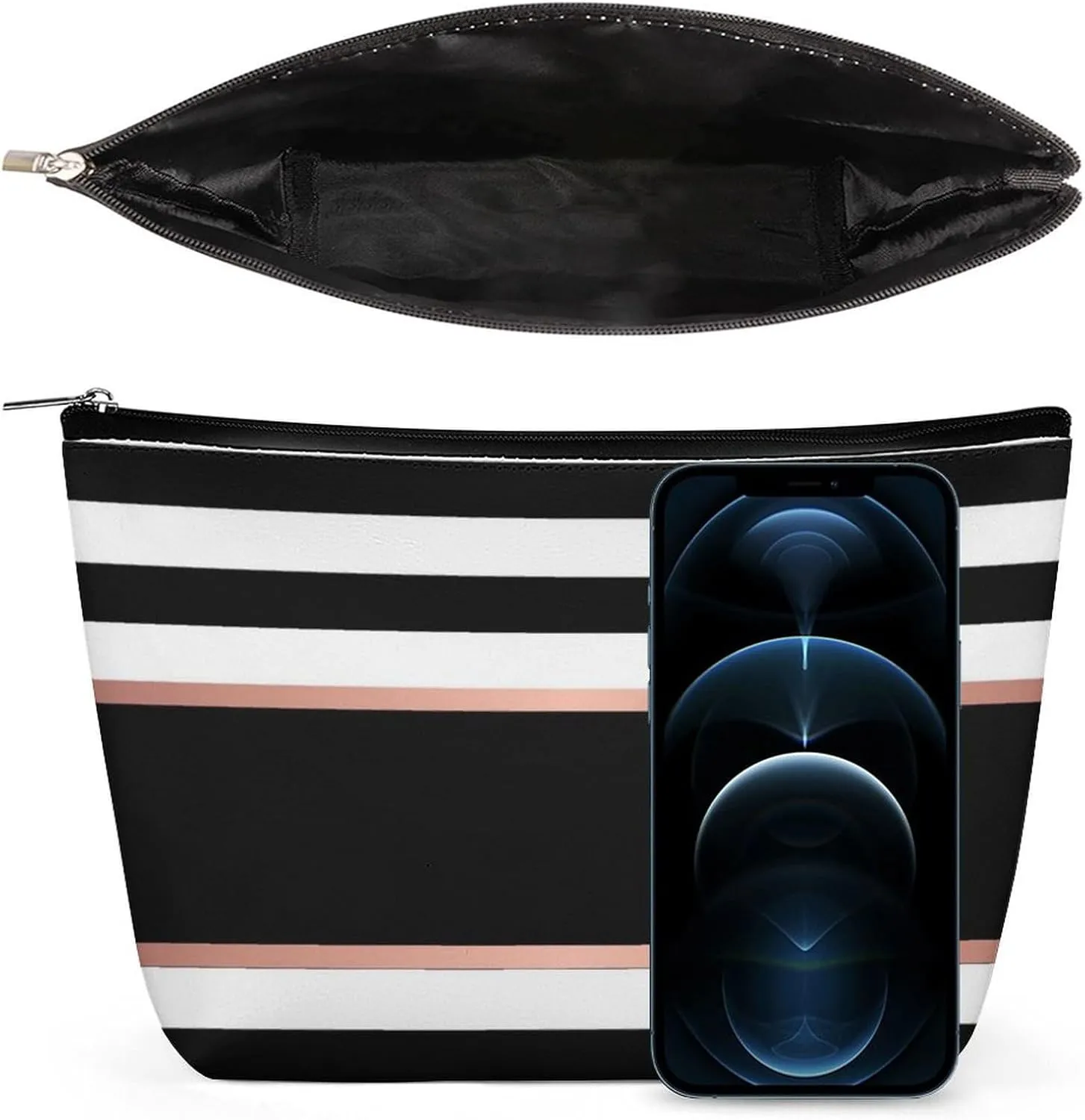 Small Cosmetic Bag, Black White Stripes Makeup Bags Elegant Roomy Pouch for Women,Travel Toiletry Accessories Organizer