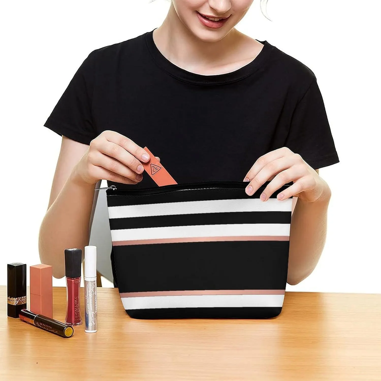 Small Cosmetic Bag, Black White Stripes Makeup Bags Elegant Roomy Pouch for Women,Travel Toiletry Accessories Organizer