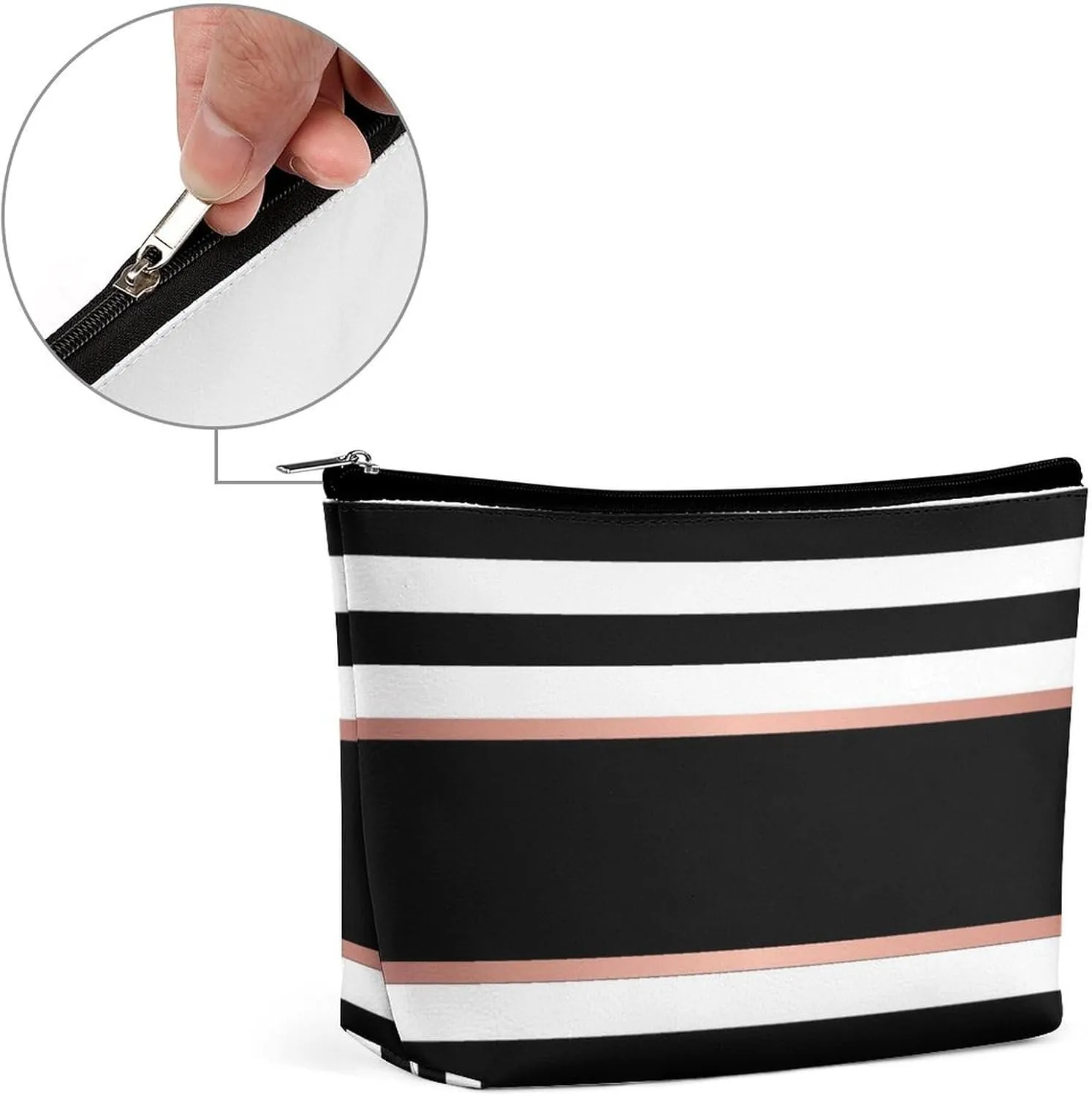 Small Cosmetic Bag, Black White Stripes Makeup Bags Elegant Roomy Pouch for Women,Travel Toiletry Accessories Organizer