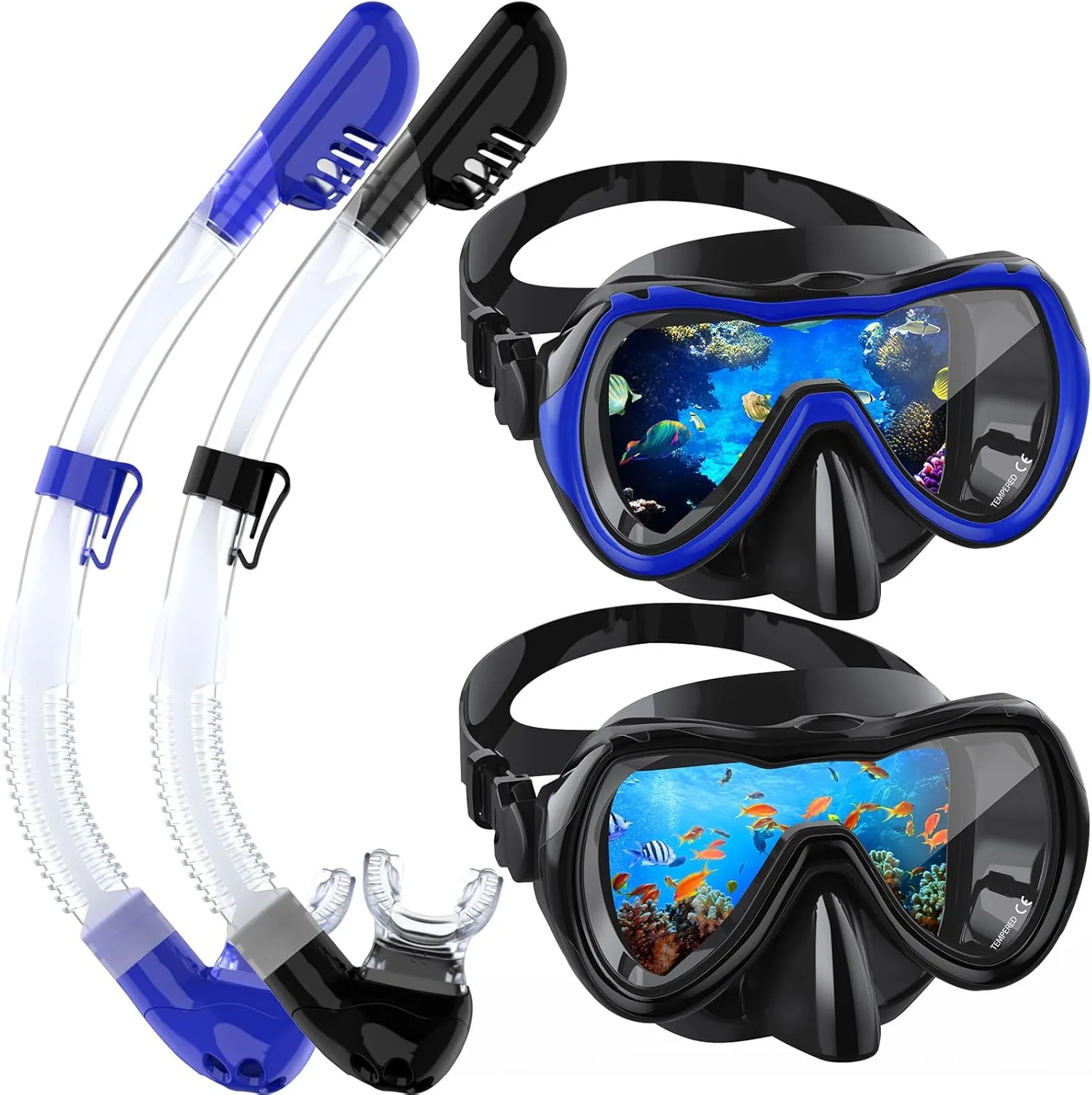 Snorkeling Gear for Adults, Snorkel Mask Set 180° Anti-Fog Tempered Glass, Food-Grade Silicone Anti-Leak Scuba Gear with Dry-Top Snorkel, Diving Mask for Snorkeling, Swimming