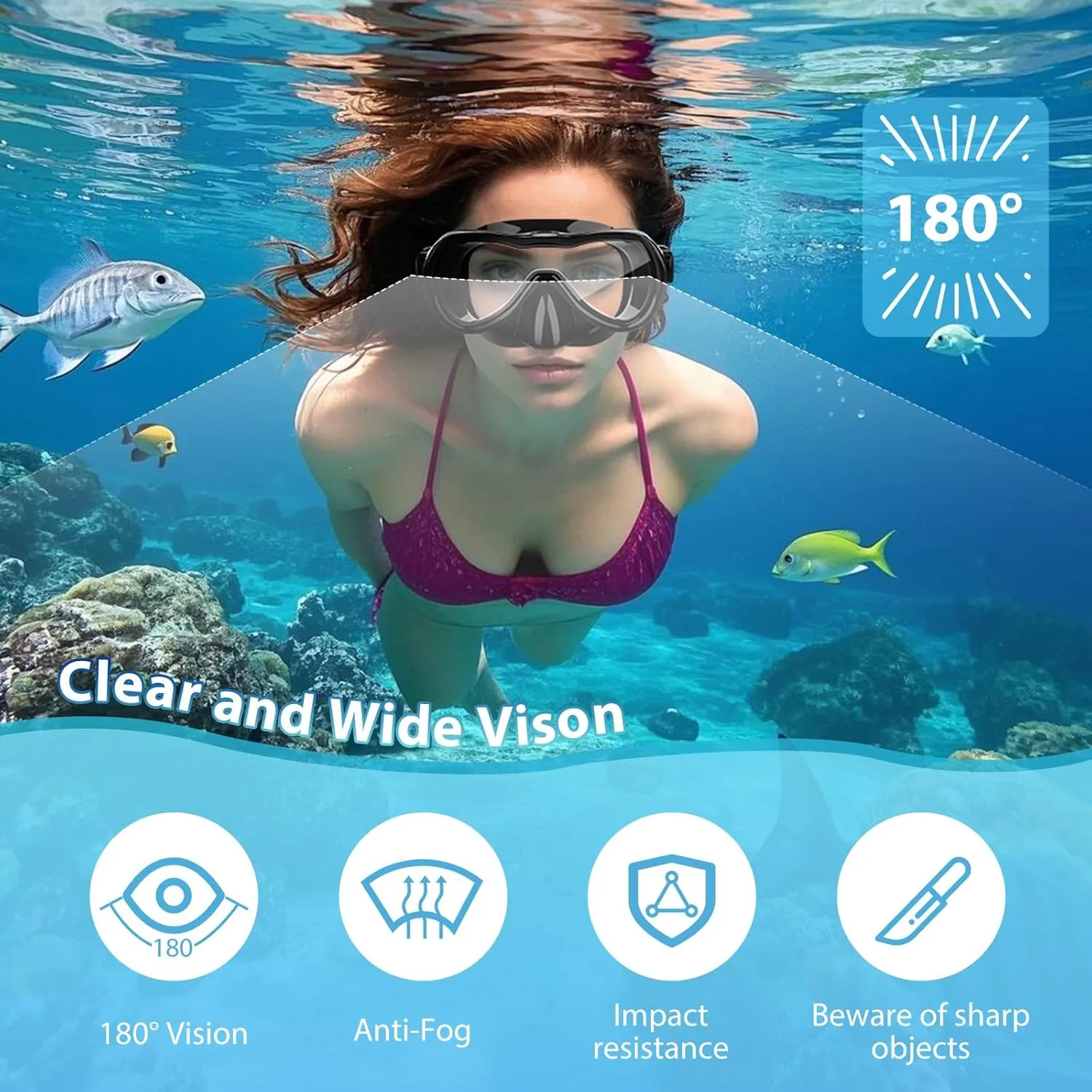 Snorkeling Gear for Adults, Snorkel Mask Set 180° Anti-Fog Tempered Glass, Food-Grade Silicone Anti-Leak Scuba Gear with Dry-Top Snorkel, Diving Mask for Snorkeling, Swimming