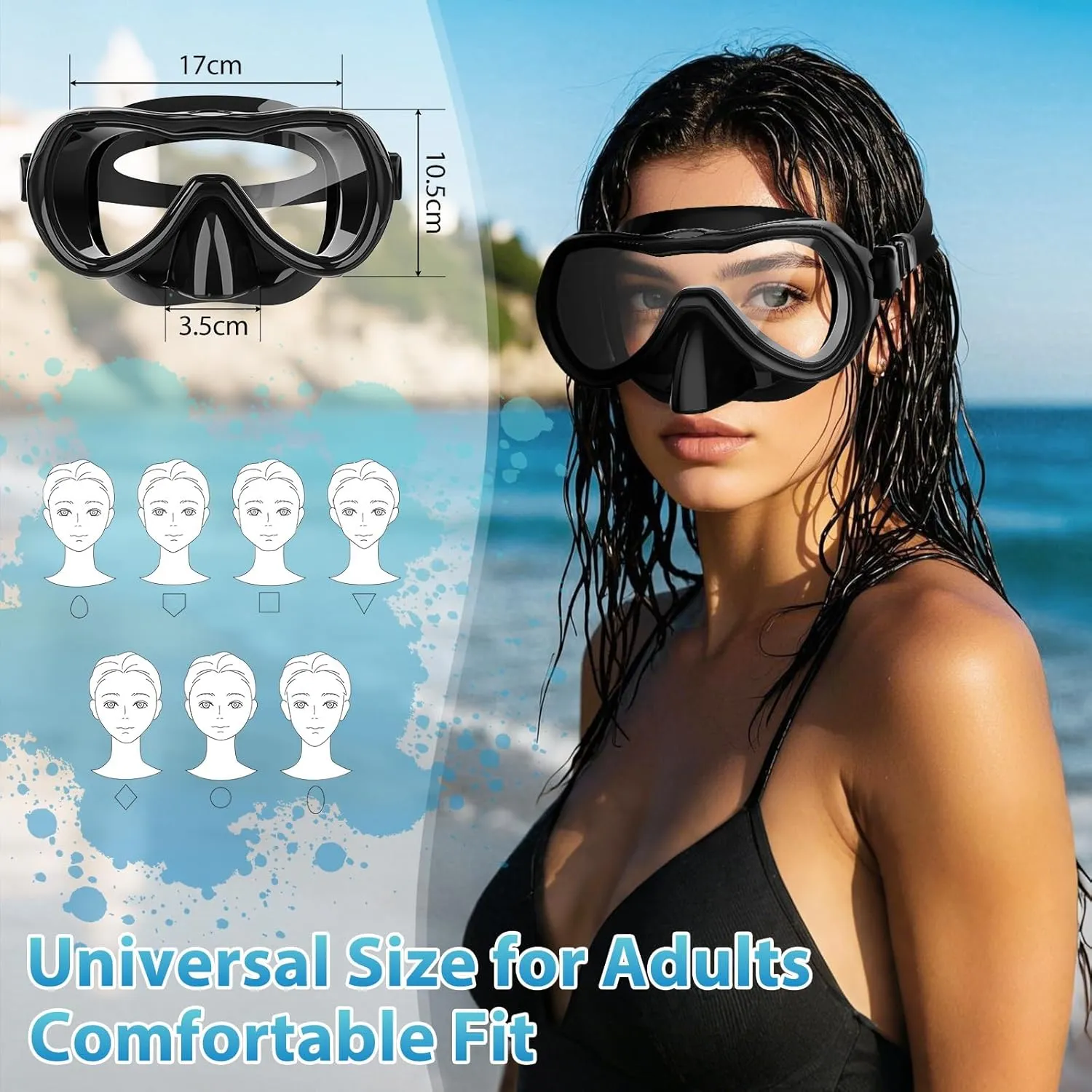 Snorkeling Gear for Adults, Snorkel Mask Set 180° Anti-Fog Tempered Glass, Food-Grade Silicone Anti-Leak Scuba Gear with Dry-Top Snorkel, Diving Mask for Snorkeling, Swimming